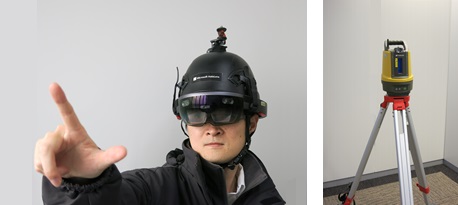 ヘルメット上部にトータルステーション受光部のPRISMを装着（左）し、トータルステーションLN-100と連携